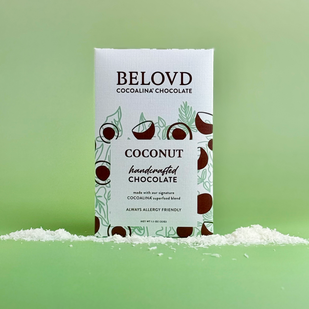 Belovd Coconut Chocolate Bar in packaging