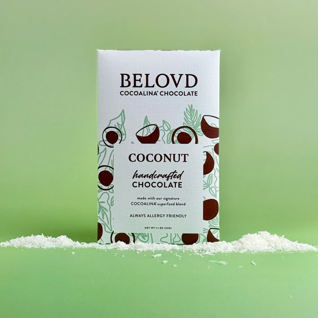 Belovd Coconut Chocolate Bar in packaging