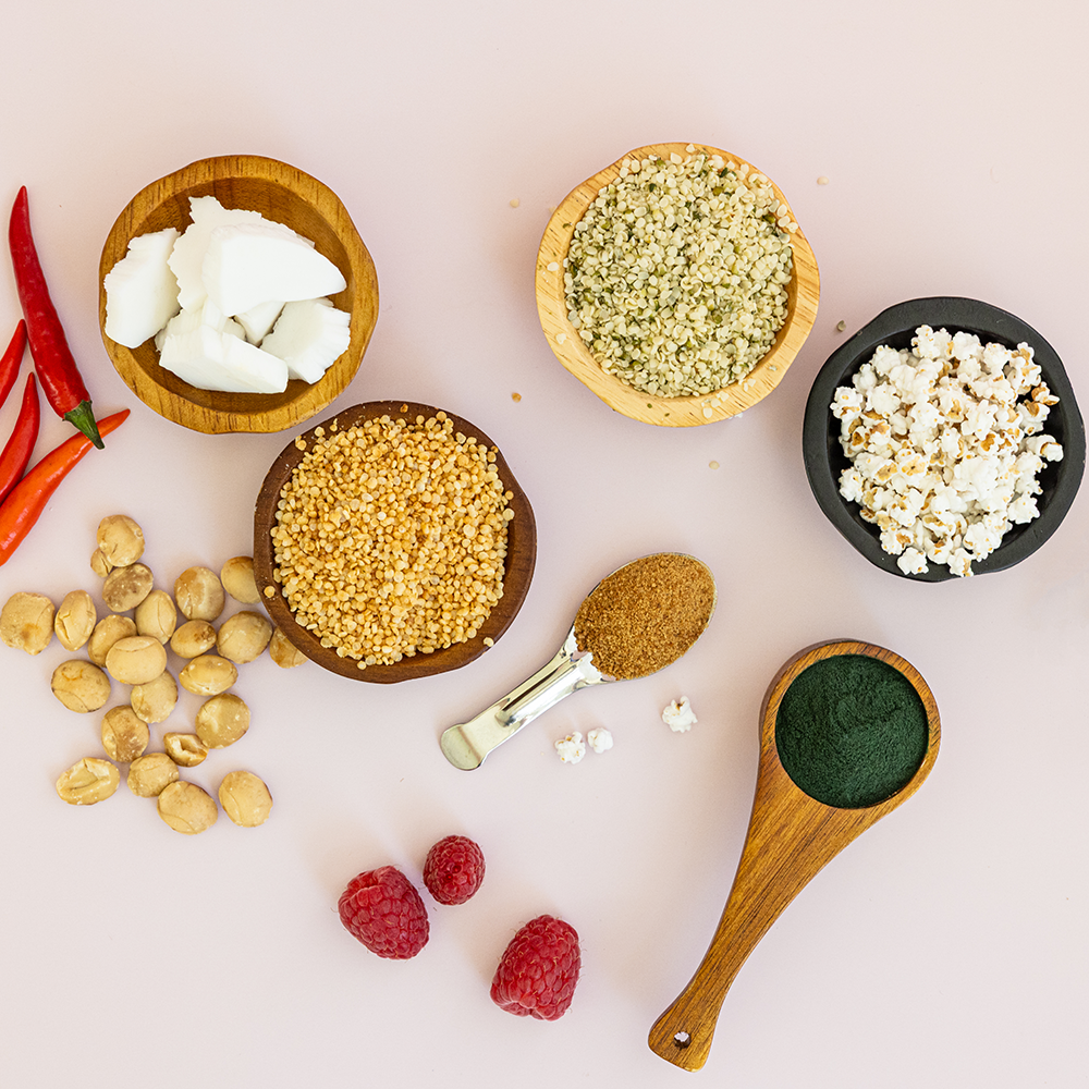 Raw ingredients in bowls and on spoons