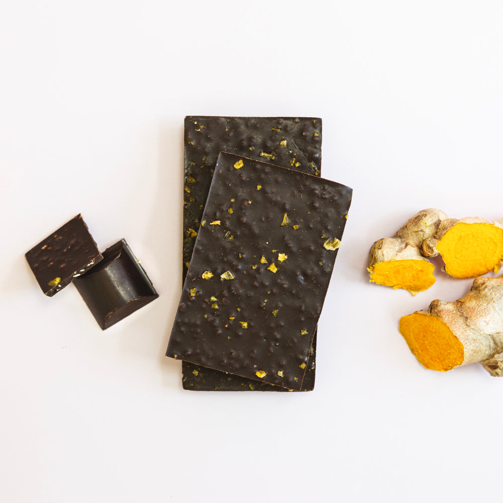 Belovd Golden Chai Chocolate Bar, pieces and ginger