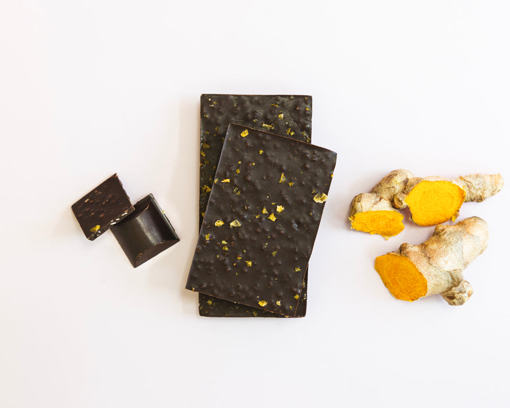Belovd Golden Chai Chocolate Bar, pieces and ginger