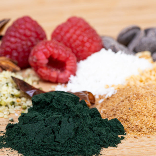 Piles of raw ingredients on a cutting board