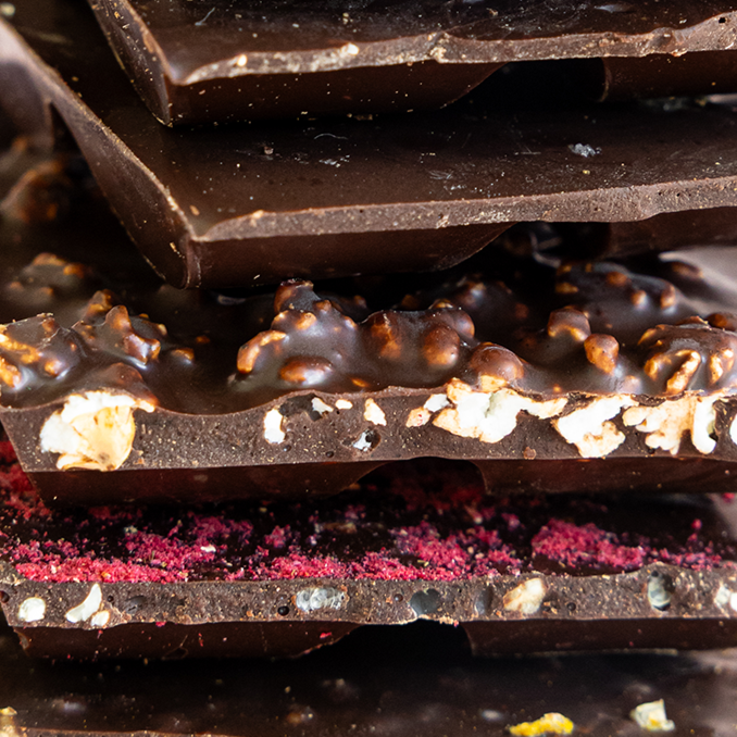 Close up of Belovd chocolate bar stack