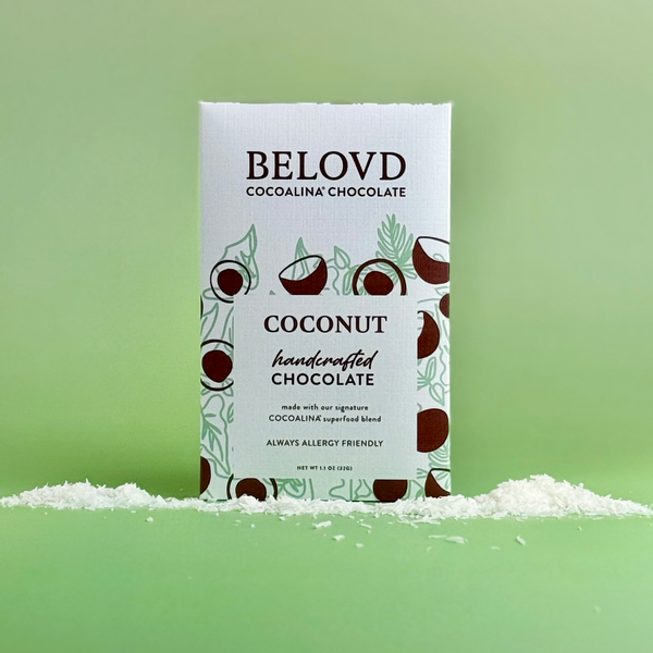 Belovd Coconut Chocolate Bar in packaging
