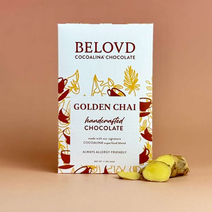 Golden Chai dark chocolate bar with turmeric, cinnamon, ginger, and cardamom - allergy-friendly COCOALINA chocolate by BELOVD