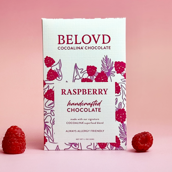 Belovd Raspberry Chocolate Bar in Packaging