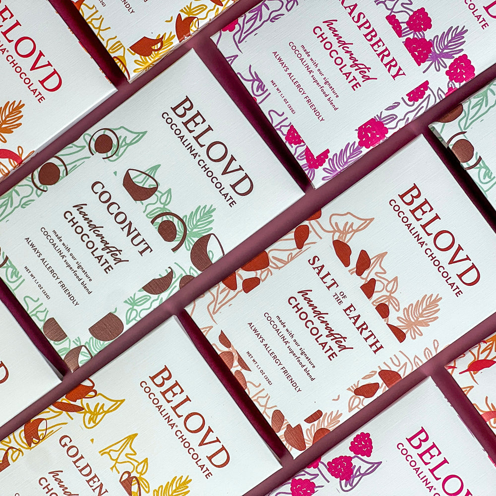 Rows of Belovd Chocolate bars in packaging