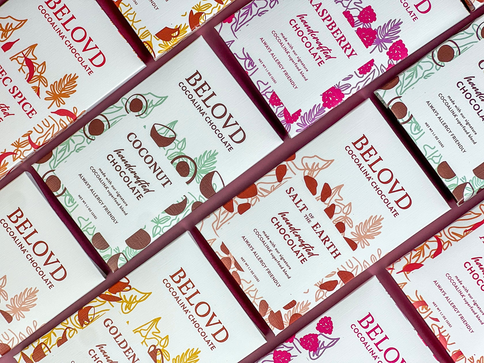 Rows of Belovd Chocolate bars in packaging