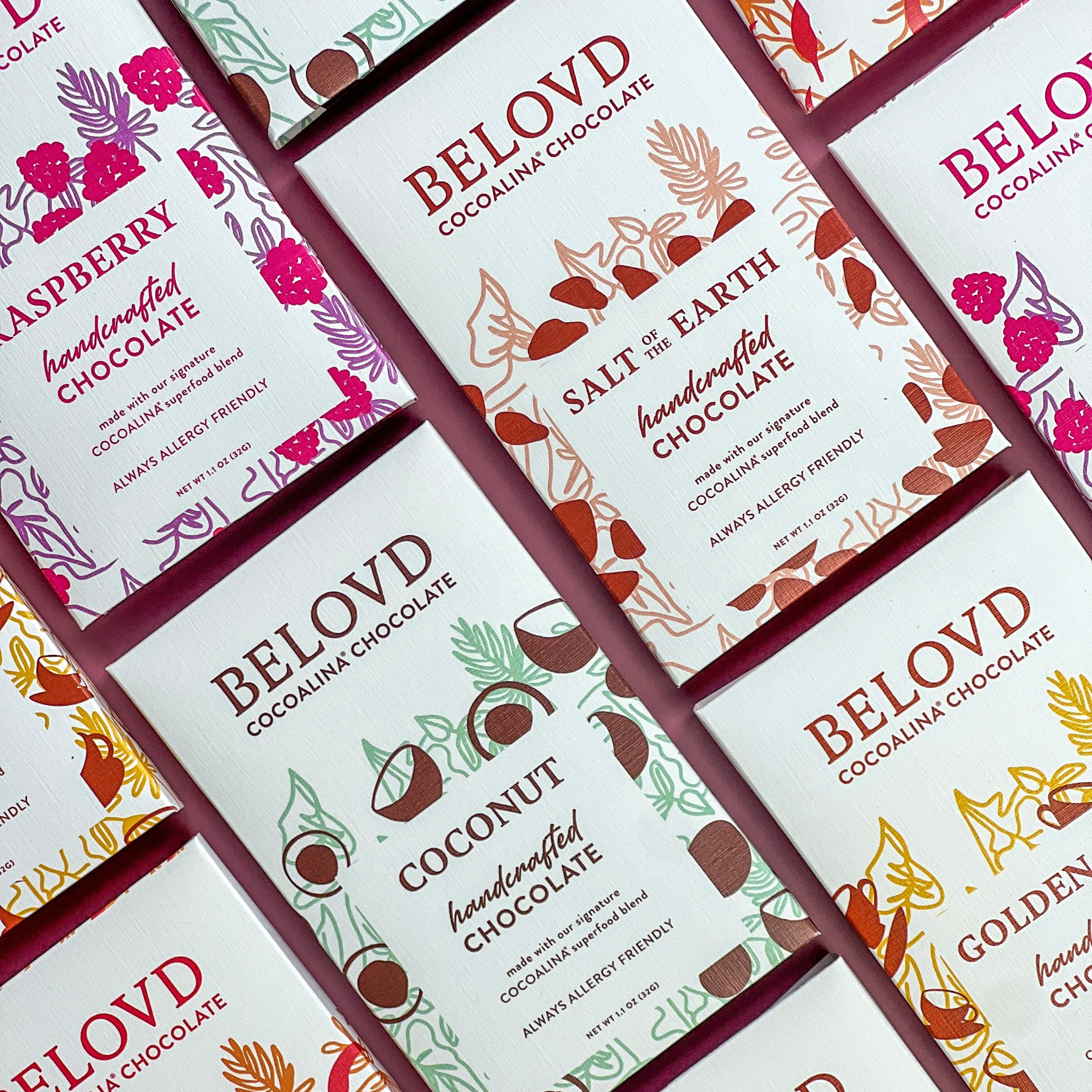 Rows of Belovd Chocolate bars in packaging